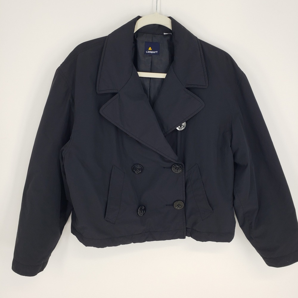 Vintage 90s Lizsport Cropped Double Breasted Jacket Women M Black Liz Claiborne